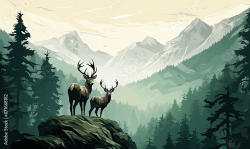 a pair of deer with mountains behind them Generative AI