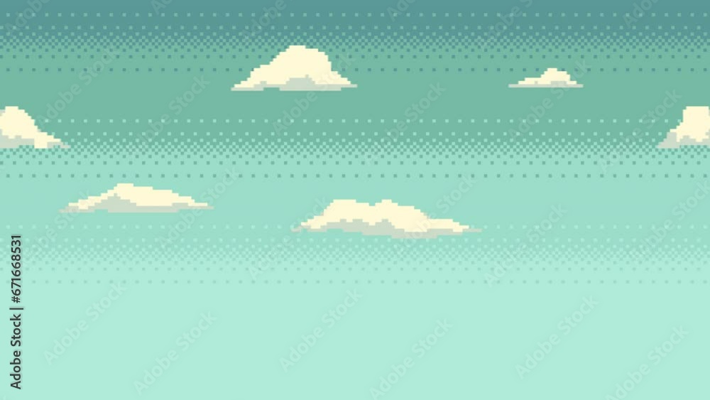 Pixel art seamless animation of floating clouds on the sky. Animated 8 bit looping background with moving clouds.