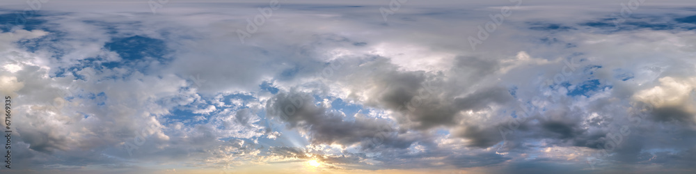 seamless cloudy evening blue sky 360 hdri panorama view with zenith and beautiful clouds before sunset for use in 3d graphics as sky dome replacement or edit drone shot