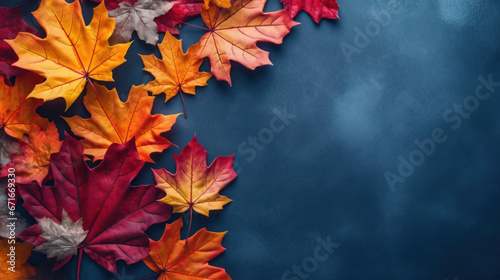 Autumn background with colored maple leafs on blue slate background, Top view.