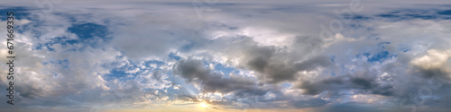 seamless cloudy evening blue sky 360 hdri panorama view with zenith and beautiful clouds before sunset for use in 3d graphics as sky dome replacement or edit drone shot © hiv360