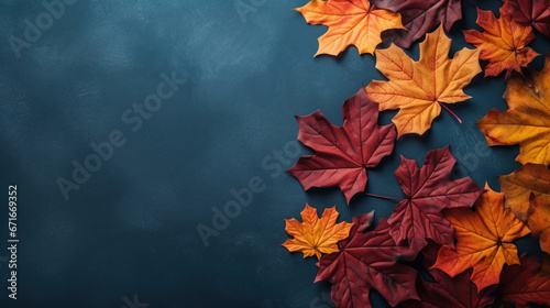 Autumn background with colored maple leafs on blue slate background, Top view. © tong2530