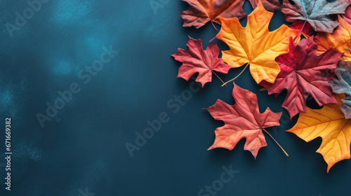 Autumn background with colored maple leafs on blue slate background  Top view.