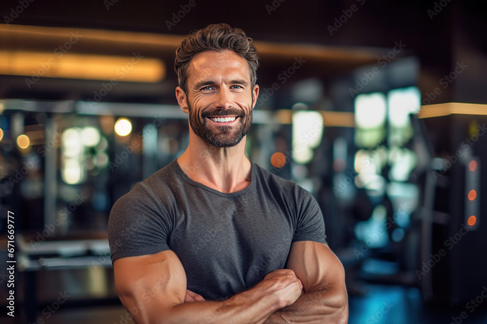 Portrait of A happy handsome muscular man standing with arms crossed with back as sports gym background.. Portrait of A happy handsome muscular man standing with arms crossed with back as sports gym background..