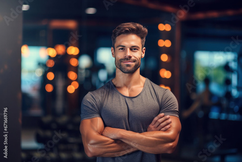 Portrait of A happy handsome muscular man standing with arms crossed with back as sports gym background..