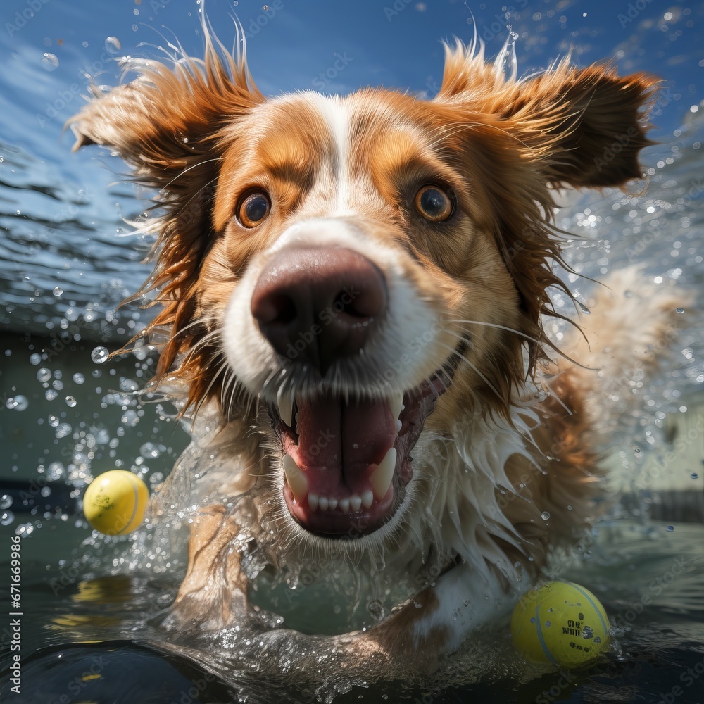 Portrait of a dog in the water of a swimming pool. Playful animal plays with a ball in summer

