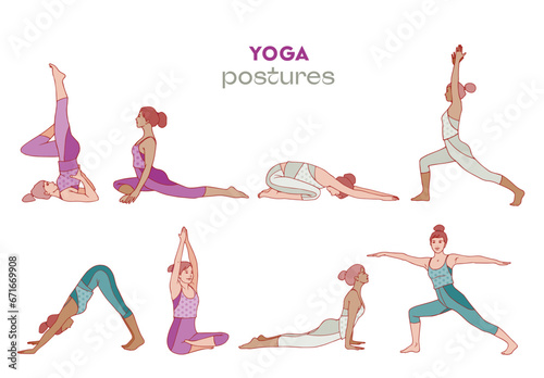 Postures de yoga. Femmes faisant des exercices de yoga.