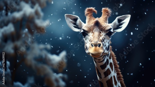 Close-up portrait of giraffe head. New Year animal concept or Christmas winter holidays. Holidays are coming. Funny animal on outdoor winter background with snow.