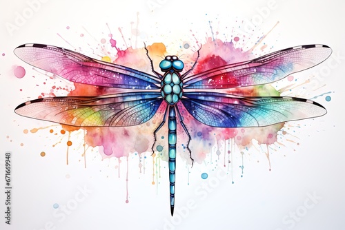 watercolor illustration of a multicolored dragonfly on a white background