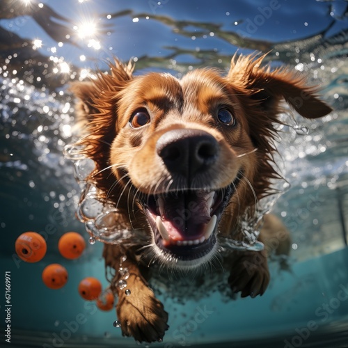 Portrait of a dog in the water of a swimming pool. Playful animal plays with a ball in summer 
