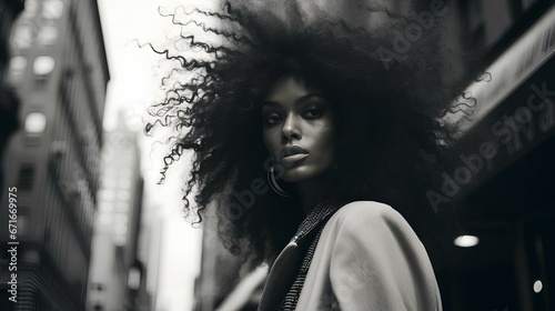 a black female model in a new york street blurry background, in the style of surreal fashion, black and white, monochrome. generative AI
