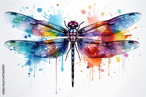 watercolor illustration of a multicolored dragonfly on a white background