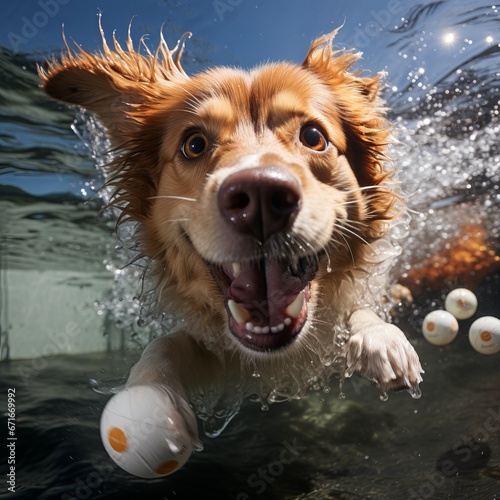 Portrait of a dog in the water of a swimming pool. Playful animal plays with a ball in summer  © Marynkka_muis