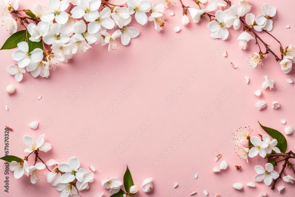 Obraz premium Fresh branches of cherry white blossoms with petals on pastel pink background. Soft light color. Mockup for positive ideas. Empty place for inspirational, emotional, sentimental text or quote.