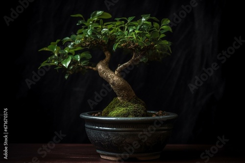 A small potted plant with a lovely green tree, featured against a dark vignette background. Generative AI