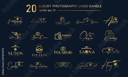 camera logo, modern photography signature logo branding set icon vector