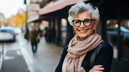 A happy smiling professional business woman, happy confident positive female entrepreneur standing outdoor on street, looking at camera, Generative AI © Hng