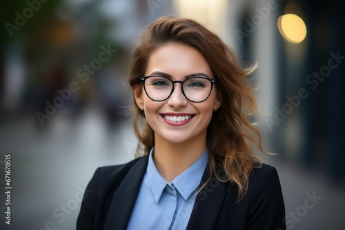 A happy smiling professional business woman, happy confident positive female entrepreneur standing outdoor on street, looking at camera, Generative AI
