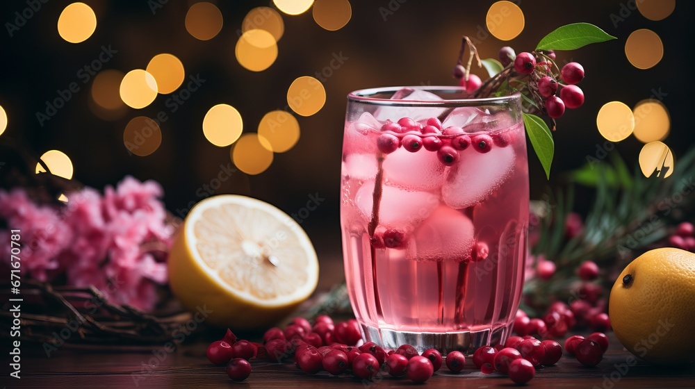 Festive pink cold punch with ice and lemonade. Decorated with cranberries. Fruity drink for the holidays