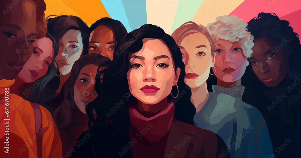 Group of diverse women looking at camera. Colorful style, illustration. Women's day concept. Group of diverse women looking at camera. Colorful style, illustration. Women's day concept.