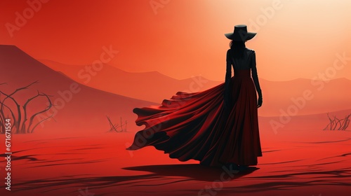 Witch in a red dress, practicing magic and rituals, red background, place for copy space. Concept: Night of the Witch or All Hallows' Eve. Concept: mysticism, game characters, Halloween
