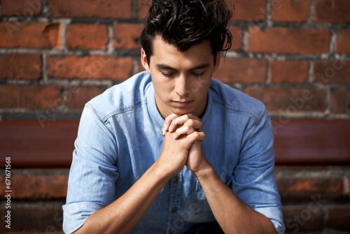 Man, hands and meditation or praying for faith, worship and spirituality for soul, support and belief. Male person, confession and hope for forgiveness from god, gratitude and trust in religion