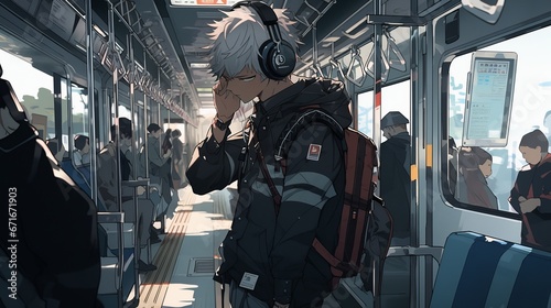 Anime male character wearing headphones surrounded by the city. Concept: Listening to music on audio media. Portable all-in-one music audio device
 photo