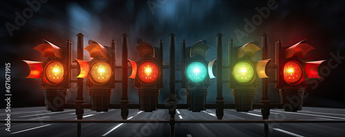 traffic lights on in dark night city. semaphore banner photo