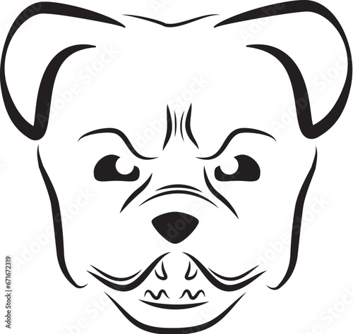 Black and White line art of a pitbull or American Staffordshire terrier dog head looking anxious or aggressive. Lines are like brushstrokes.