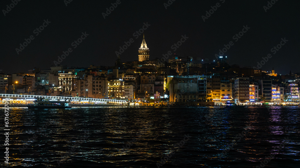 Bosphorous Cruise at Night: Galata Tower, Istanbul, Turkey