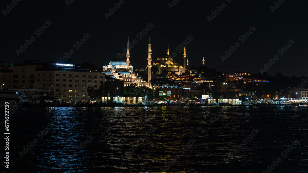 Bosphorous Cruise at Night: Yeni Cami and Sehzade Mosque, Istanbul, Turkey