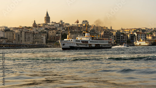Ferry on Bosphorus River at Sunset, Istanbul, Turkey