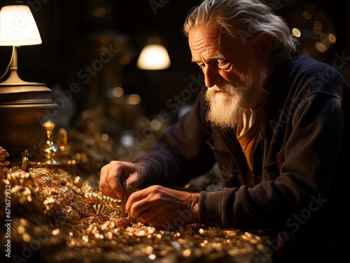 Old man jeweler working with precious metal gold AI