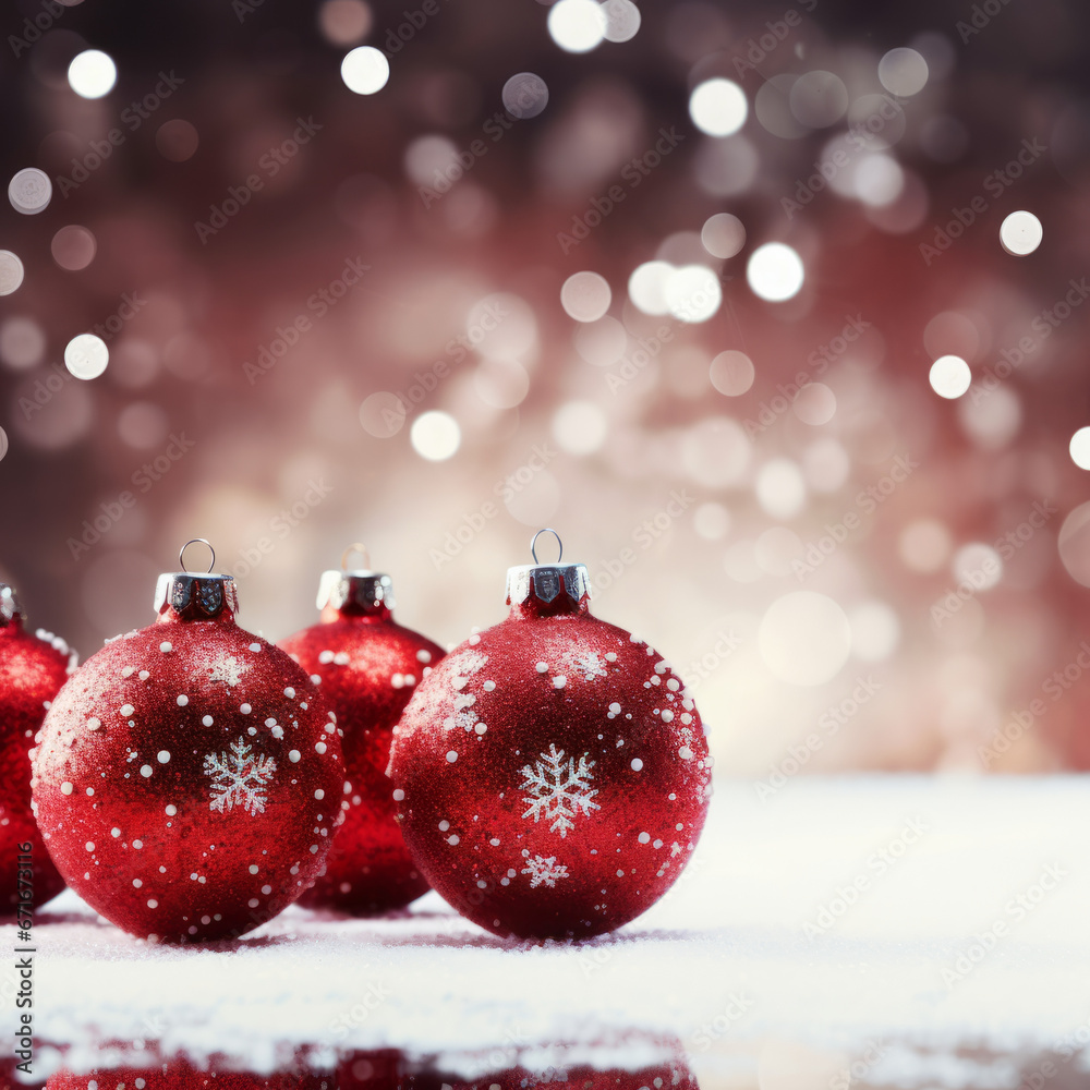 Christmas card background with red baubles and snowflakes Christmas card background with red baubles and snowflakes
