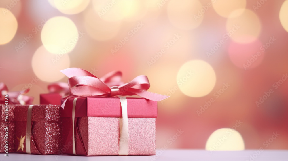petits cadeaux de noël au papier coloré et ruban présenté devant un arrière plan flou de paillettes et d’étoiles brillantes