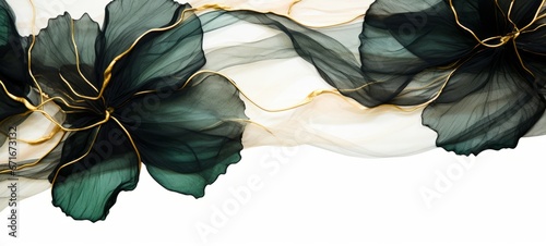 Abstract marbled ink liquid fluid watercolor painting texture banner - Dark greenpetals, blossom flower swirls gold painted lines, isolated on white background.