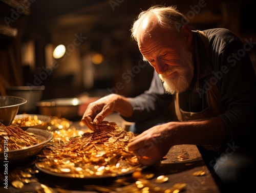 Old man numismatist with gold coins at the table AI photo
