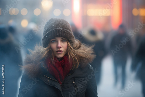 jeune femme avec veste chaude et bonnet dans la rue et le froid plein hiver © Sébastien Jouve