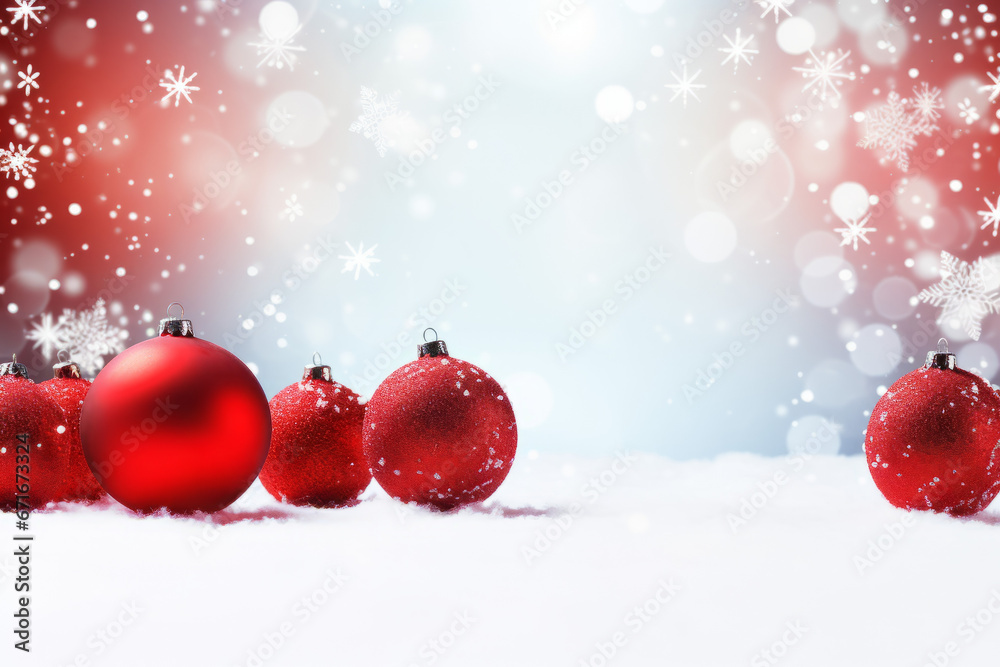 Christmas card background with red baubles and snowflakes Christmas card background with red baubles and snowflakes