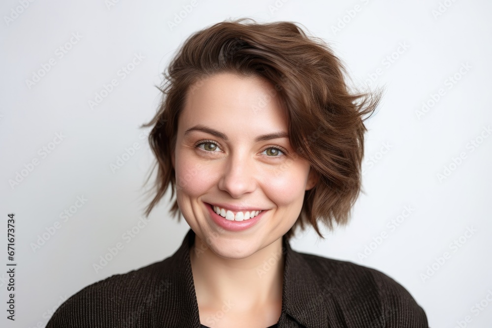 Obraz premium Young beautiful brunette woman with short hair and toothy smile on white background, looking at camera, close up portrait.