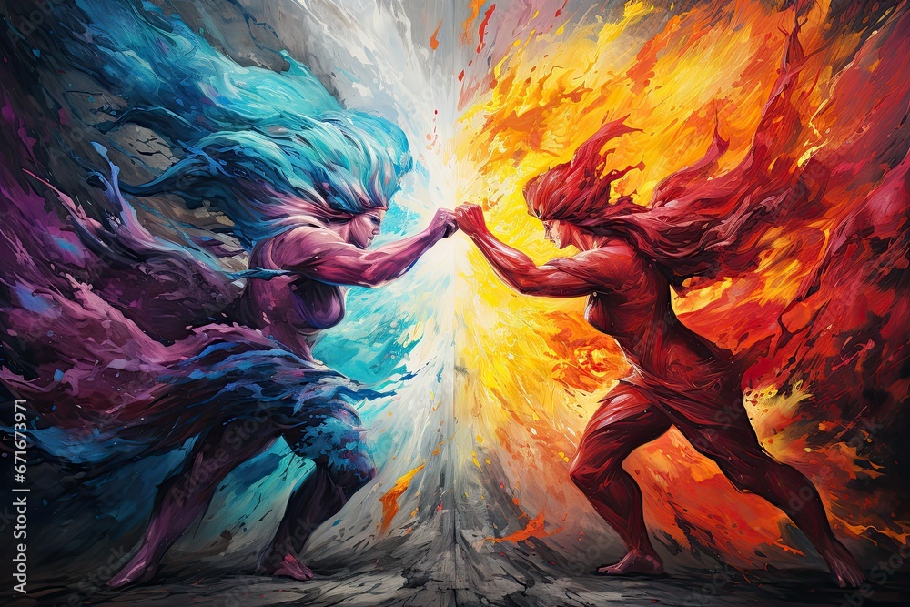 Self-violence and abuse concept. Person with inner conflict and mental health problems, fighting with your own demons, artistic depiction of the battle against mental issues - obrazy, fototapety, plakaty 