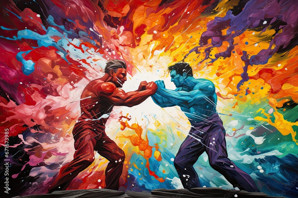 Mental health concept, a man's two inner sides fighting in a colorful abstract background, two men are fighting in color splashed background, angry vs calm combat