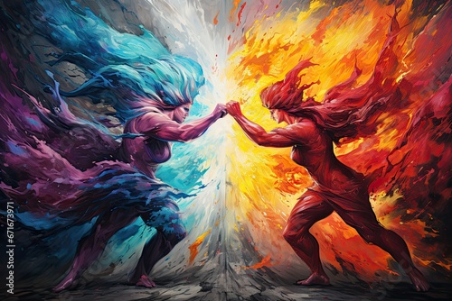 Self-violence and abuse concept. Person with inner conflict and mental health problems, fighting with your own demons, artistic depiction of the battle against mental issues