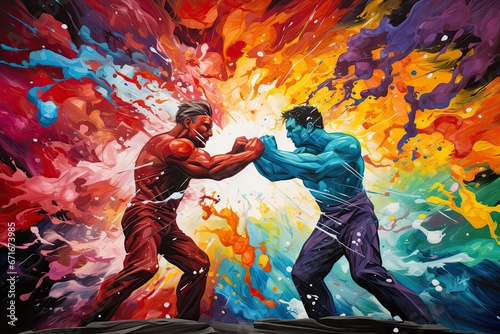 Mental health concept  a man s two inner sides fighting in a colorful abstract background  two men are fighting in color splashed background  angry vs calm combat