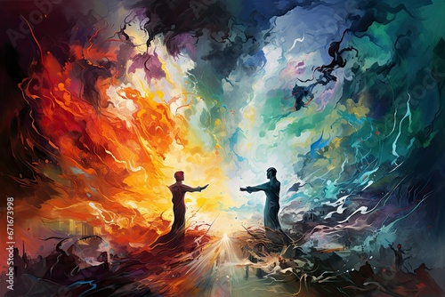 Men on fire and water background, digital painting, Inner voice as different emotion and feeling reflections tiny person concept, Internal voice arguing with various opinions