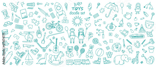 A colorful set of children's toys, sports and creative items. Doodle. Vector illustration. Vector illustration © OLiAN_ART