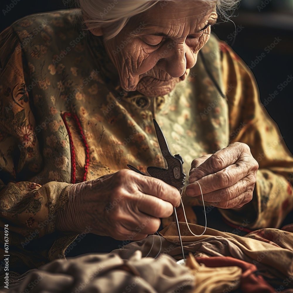 Close-up of elderly woman hands using needle and thread to mend a pants. Old woman with wrinkled hands repairs old clothes