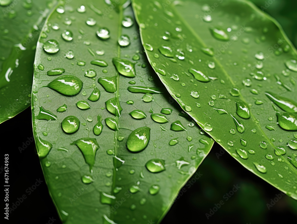 Detailed shot of water droplets on a green leaf after rain. Detailed shot of water droplets on a green leaf after rain.