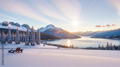 New Beautiful winter Photo landscape with snow covered mountains and lake at sunset  photo