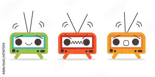 Retro radio. Cartoon cute radio set. Different emotions. Vector flat illustration.